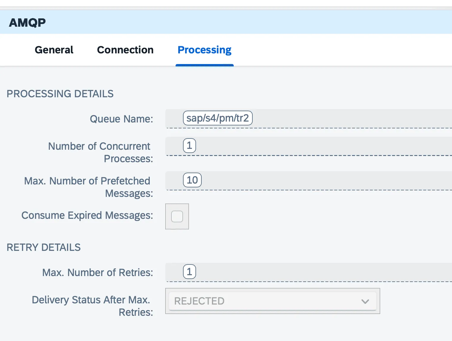 The Processing tab of the AMQP sender adapter in Cloud Integration, showing concurrency, prefetch and retry settings.