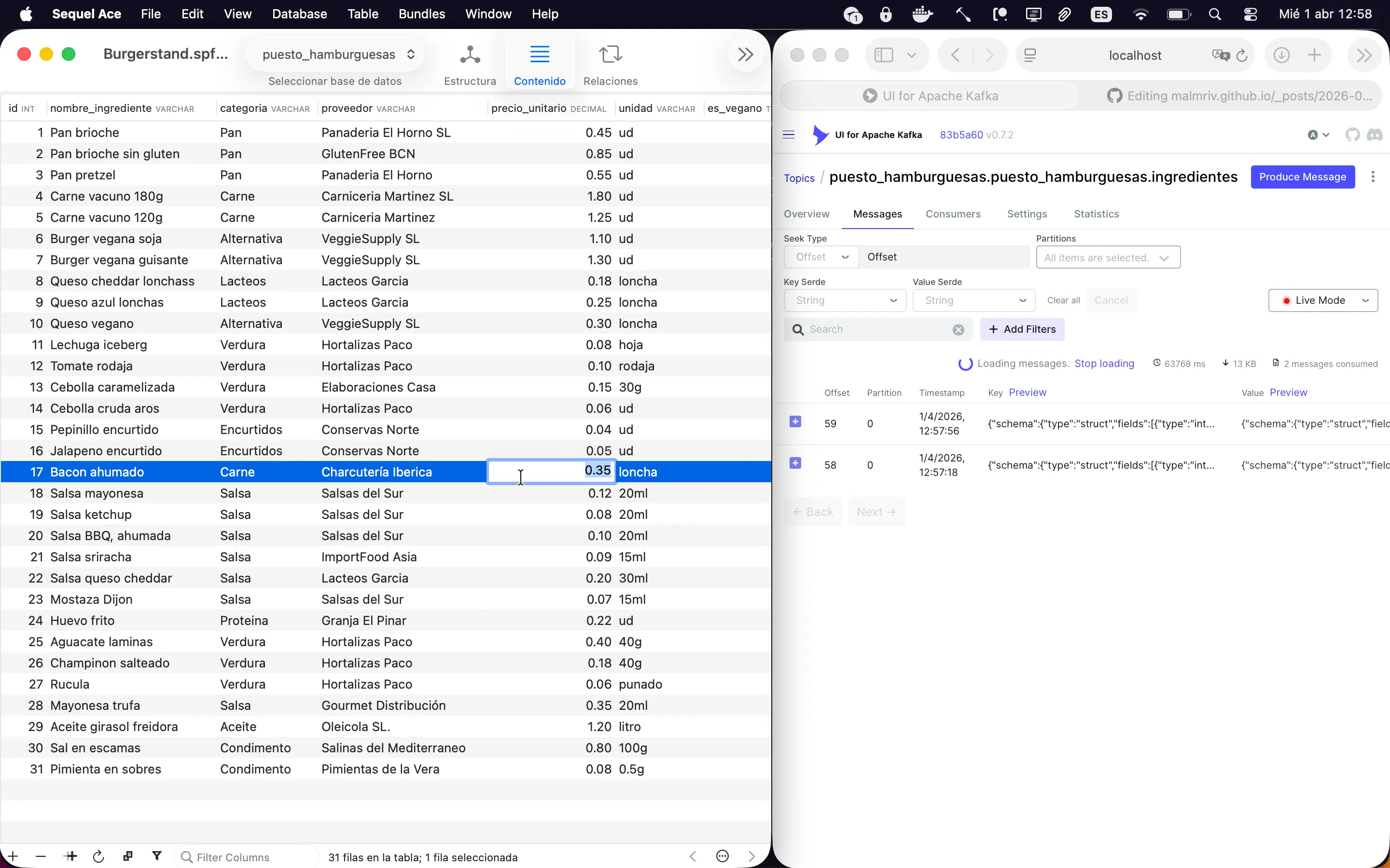 Screenshot showing both the database being modified (right) and Kafka in live mode with events being passed.