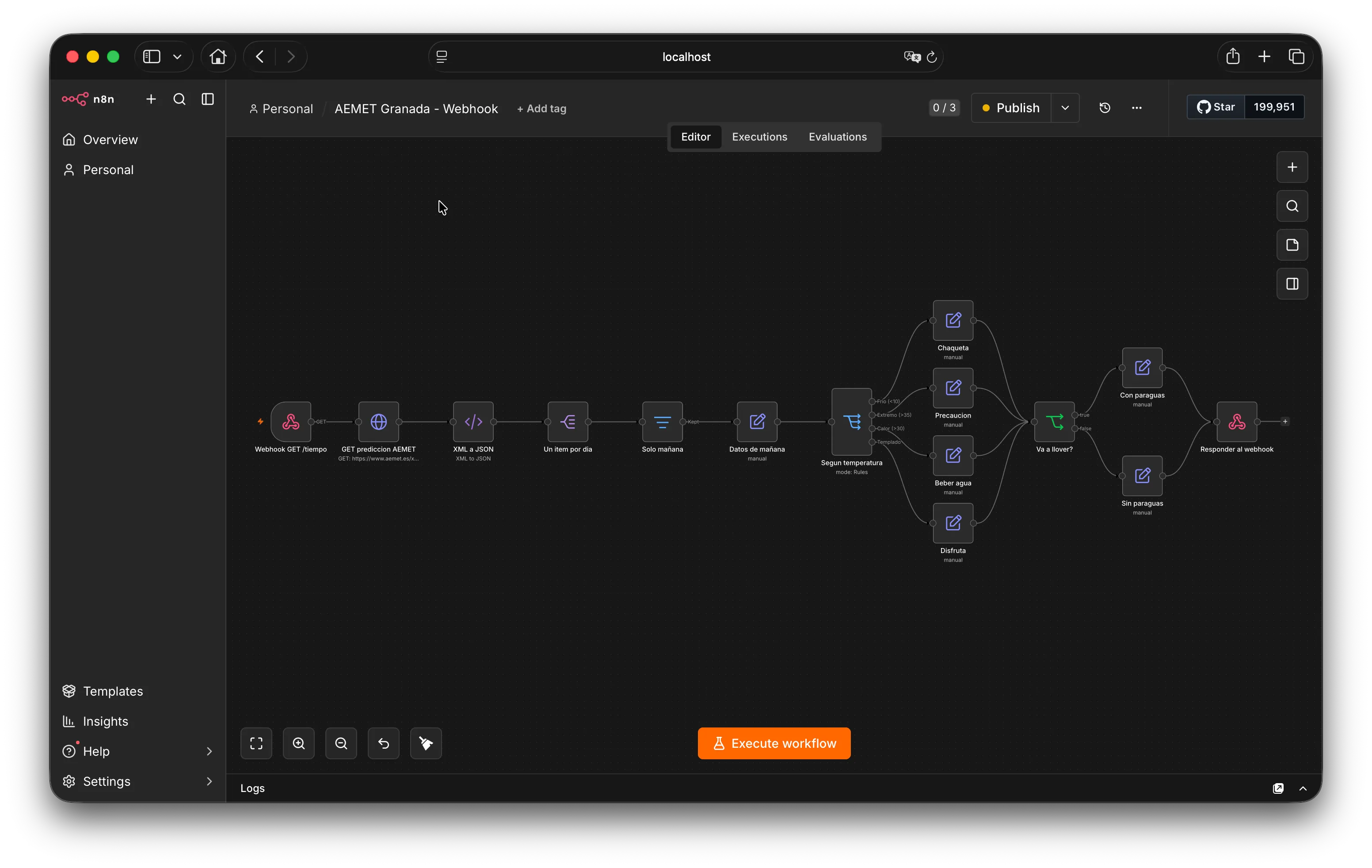 The finished n8n workflow on the editor canvas: a webhook trigger feeding an HTTP request to AEMET, XML conversion, a filter for tomorrow, and a switch branching into four temperature-based messages before responding.